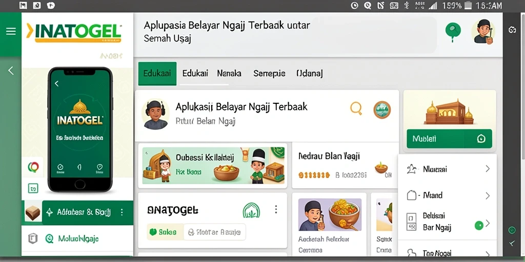 Screenshot aplikasi INATOGEL menampilkan antarmuka Belajar Ngaji yang interaktif.