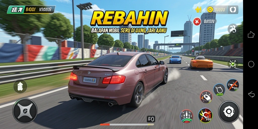 Tampilan antarmuka menarik dan intuitif dalam game Balap Mobil REBAHIN.